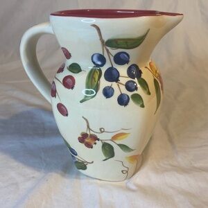 Vintage Retired FTD Ceramic Pitcher Jug Vase Red and Blue Berries Red Lined Top